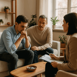 A therapist meets with a distressed young man and his supportive family during a family addiction counseling session in a calm, naturally lit room.