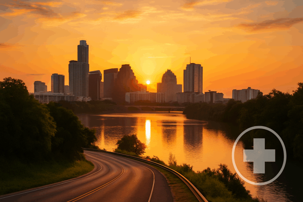 Austin skyline at sunrise over Lady Bird Lake with subtle medical icon—hero image for detox in Austin (medical detox, inpatient, IOP).