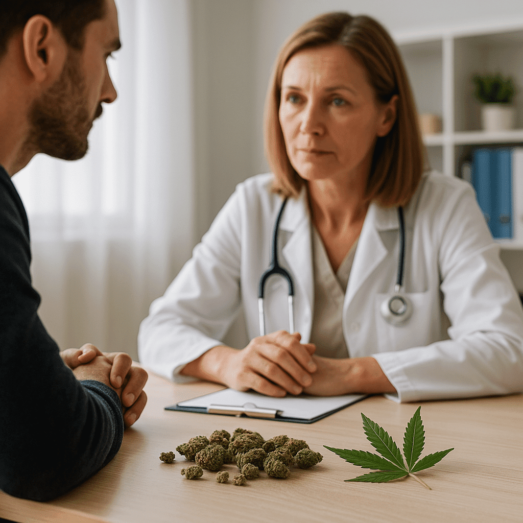 A medical professional meeting with a client in a calm detox setting, with indica marijuana buds, a cannabis leaf, and a pill bottle on the desk to represent marijuana dependence and detox support.
