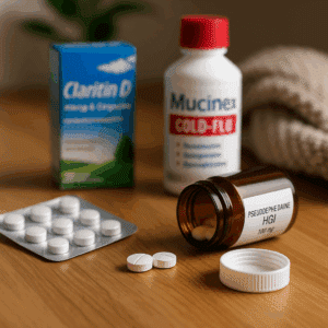 A realistic photo of pseudoephedrine hydrochloride tablets, an open pill bottle, and OTC cold medicines like Claritin-D and Mucinex displayed on a wooden surface with soft natural lighting.