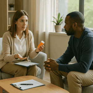 A clinician and client sit together in a calm therapy room discussing the steps of substance abuse treatment, with natural lighting, neutral furniture, and a medication bottle used as part of medical detox education.